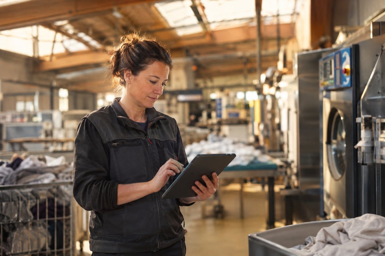 Technicienne consultant une tablette dans un atelier de blanchisserie industrielle